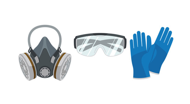 A collection of personal protective equipment including a grey half-face respirator mask with circular filters clear safety glasses and blue rubber gloves.