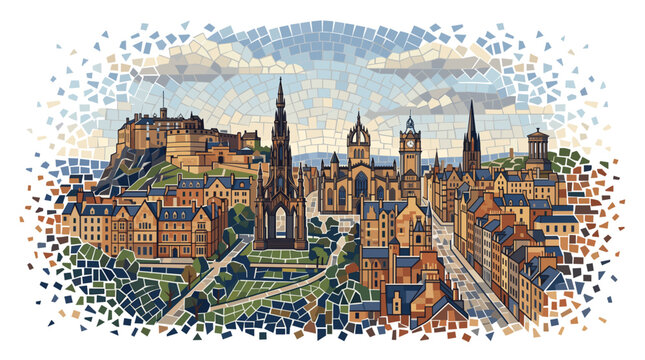 A vibrant, mosaic-style illustration depicting the iconic skyline of Edinburgh, Scotland, with its historic castle and prominent spires under a cloudy sky.