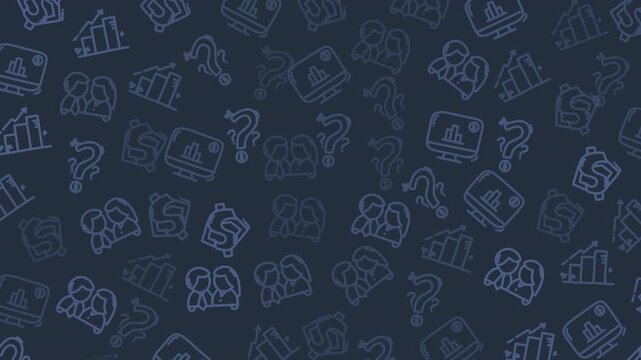 Blue line icons float over dark background. Icons suggest business, finance, and collaboration. No people appear, so emotions are not shown. Pattern implies digital economy or team dynamics