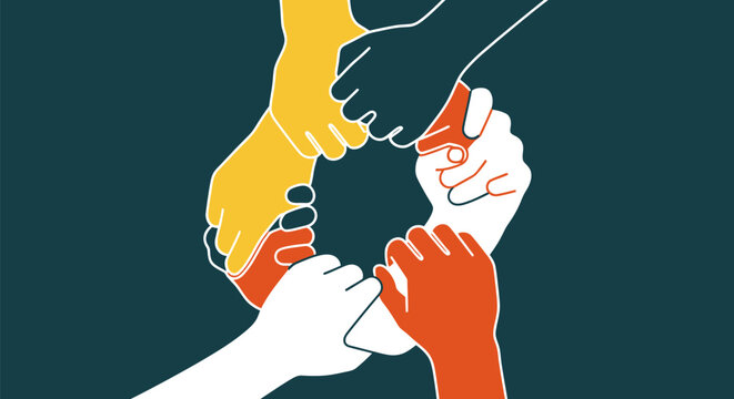 Diverse hands interlocking in a circle symbolizing unity and teamwork.