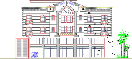 Fototapeta premium Modern Classic Hotel Building Elevation Design Asset Featuring High-End Vintage Architecture Styles and Comprehensive Technical Measurement Data