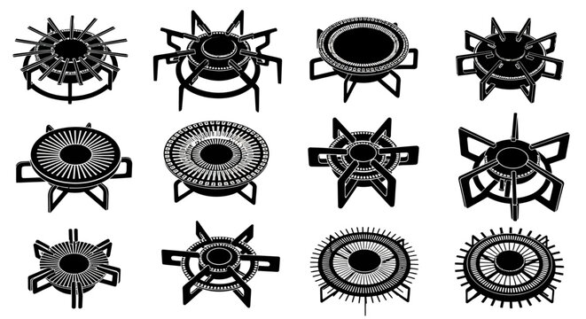 Collection of twelve diverse black and white gas stove burner grates and burner heads arranged in a 3x4 grid showcasing various intricate metallic designs and intricate patterns