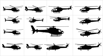 Collection of diverse silhouette helicopters in various poses and flight configurations showcasing aviation technology and aerial transportation concepts on a clean white © Pabitra