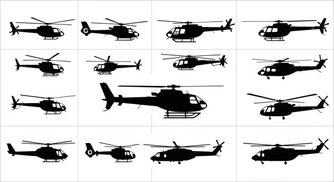 Collection of diverse silhouette helicopters in various poses and flight configurations showcasing aviation technology and aerial transportation concepts on a clean white