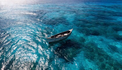 Obraz premium Boat floating in crystal clear turquoise ocean waters high resolution photo