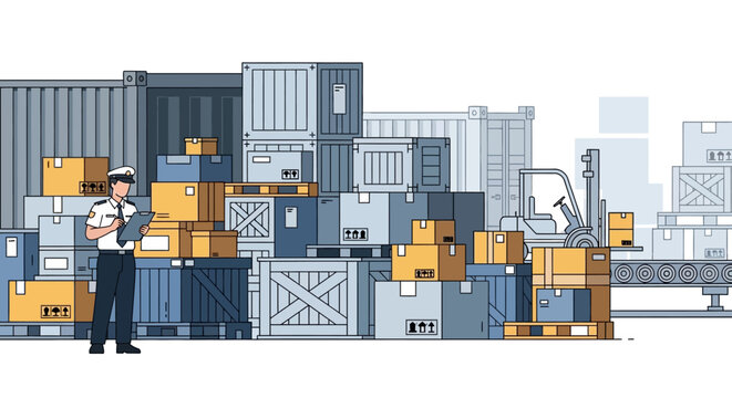 Man standing beside stacked shipping containers.