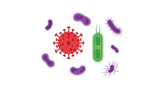 A large red coronavirus particle sits at the center of a group of purple rod-shaped bacteria and a single green flagellated microbe on a white background.