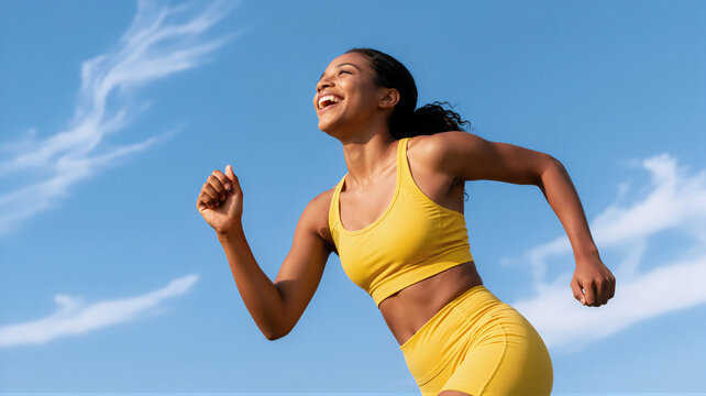 Joyful African American Woman Running Outdoors, Smiling to the Sky