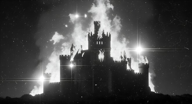 Burning Castle Silhouette at Night with Stars and Flares