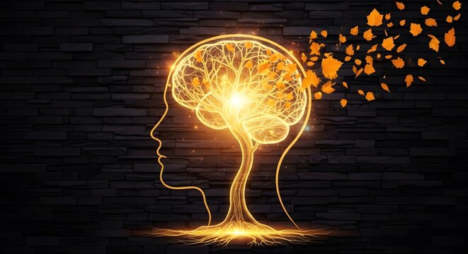 Mental health awareness and brain function concept. Cognitive decline and memory loss. Profile of human head with tree brain losing golden leaves on dark wall background