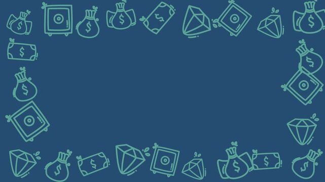 Doodle-style money symbols frame a solid blue background. Bags, bills, and gems outline the image's edges. Simple lines create a playful, minimalist financial theme