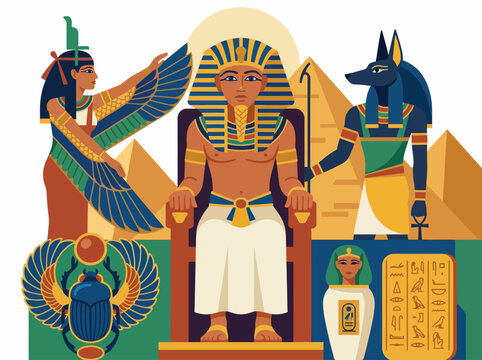 This vibrant illustration showcases an Egyptian pharaoh seated on a throne, surrounded by gods, illustrating ancient culture and mythology through rich colors and symbols.