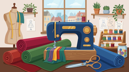A vibrant sewing room filled with colorful fabrics and a vintage sewing machine, representing creativity, craftsmanship, and the joy of creating unique garments through sewing. © Jie