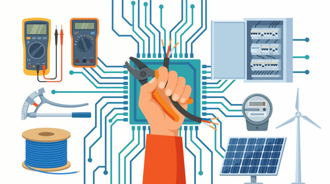 An illustration showcases a hand holding tools surrounded by various electrical devices, symbolizing the integration of technology in the electrical industry and modern craftsmanship.