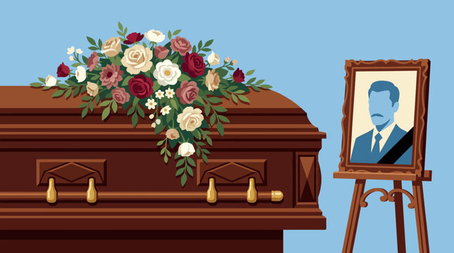 A somber yet beautiful display featuring a wooden casket adorned with flowers beside a framed portrait, representing respect and the bittersweet nature of farewells during memorial services.