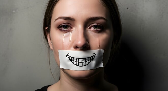 Woman crying with fake smile tape covering her mouth. Mental health struggle and hidden depression. Sad person hiding emotions behind a happy drawing mask