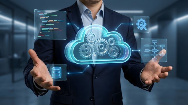 Cloud native development. Programmer developing applications for cloud computing. Cloud icon and source code illustrations.