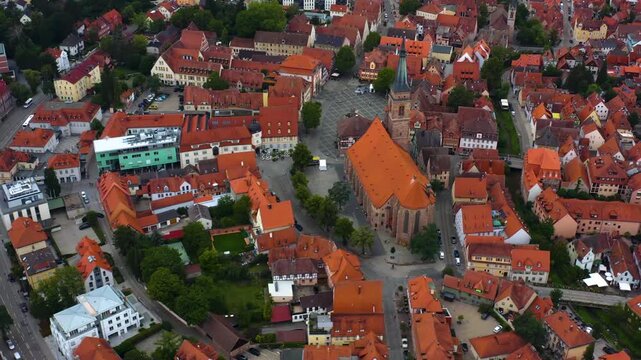 Aerial view of the old town of the city Schwabach in Germany, Bavaria on a late spring afternoon