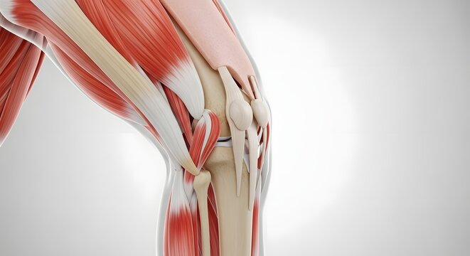 Knee anatomy and joint structure with muscle tissue. Orthopedic health and ligament injury. 3D illustration of human leg joint showing patella and quadriceps tendons