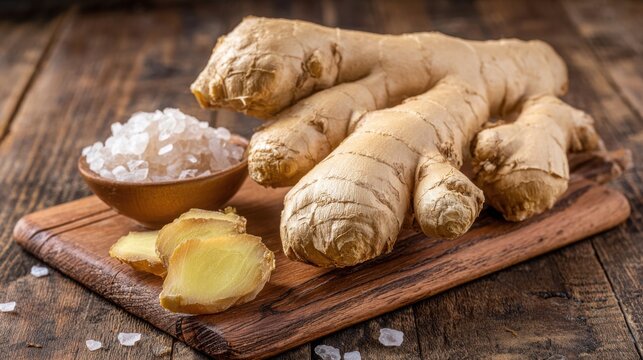Freshly harvested ginger root slices and whole rhizome with salt on a wooden board, showcasing natural spice for culinary use