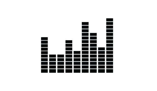 A minimalistic black and white illustration depicts a sound wave visualized as a series of vertical rectangular bars of varying heights high quality professional