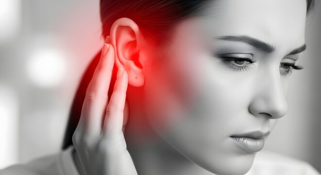 Ear ache and otitis media inflammation. Otolaryngology and hearing loss symptoms. Close up of woman in black and white holding her ear with a red glowing point of infection