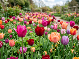 Obraz premium A vibrant and colorful field of blooming tulips in a beautiful garden during the spring season