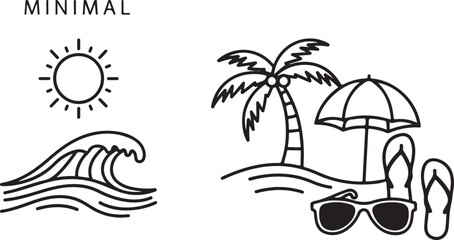 Obraz premium Minimalist beach icons, black line art, summer vacation symbols, palm tree, sunglasses, umbrella