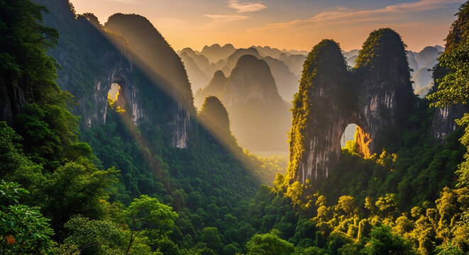 Pegunungan karst hijau dengan sinar matahari pagi