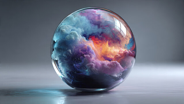 Iridescent glass sphere and crystal triangular prisms with holographic rainbow reflections scattered on reflective surface with soft light