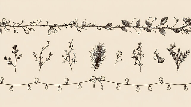 Set of vintage doodle hand drawn Xmas borders with branches tree, ribbon and bows, mistletoe, lights garlands. Minimalist line art. Trendy holiday frames for Christmas poster, card, invitation. Stock 
