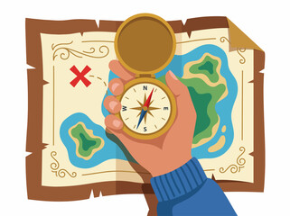An adventurous scene showcasing a hand holding a compass above an ancient treasure map that features an 'X' marking the spot, invoking feelings of exploration and discovery. © Boren