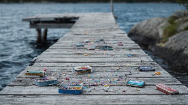Discarded fishing bait containers and lines littering a weathered wooden dock by the water