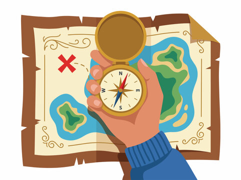 An adventurous scene showcasing a hand holding a compass above an ancient treasure map that features an 'X' marking the spot, invoking feelings of exploration and discovery.