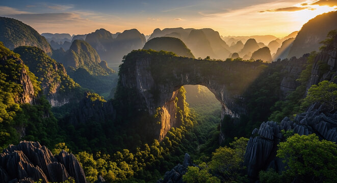 Pemandangan alam pegunungan dengan jembatan batu alami
