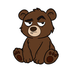 Obraz premium Moody little bear character sitting isolated on white background 