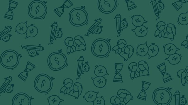 Dotted pattern shows financial symbols and doodles. People appear in simple, friendly outlines. They seem engaged, relaxed, and thoughtful. Design suits business, finance, or education themes