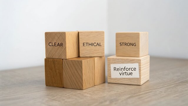 Wooden blocks with clear ethical strong words on a modern desk emphasizing the concept of reinforcing virtue and values