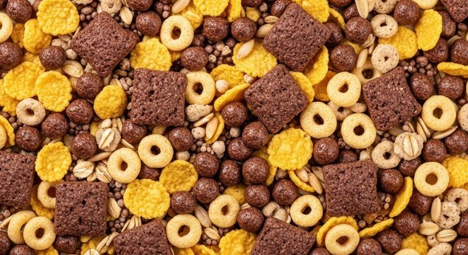 Assortment of breakfast cereals, a mix of chocolate squares, corn flakes, and oat rings.