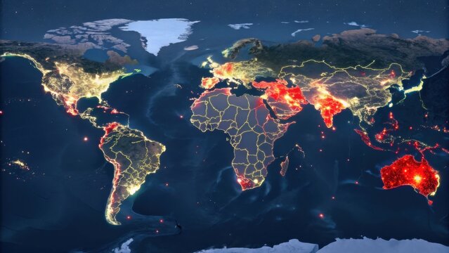 A global map highlighting areas of high population density and urbanization with bright lights concentrated in major cities and regions.