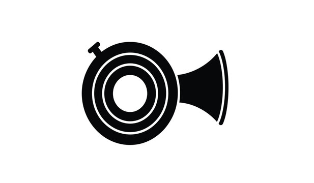 A simple black and white illustration depicts a vintage style bugle or horn featuring concentric circles and a flared bell on a white background