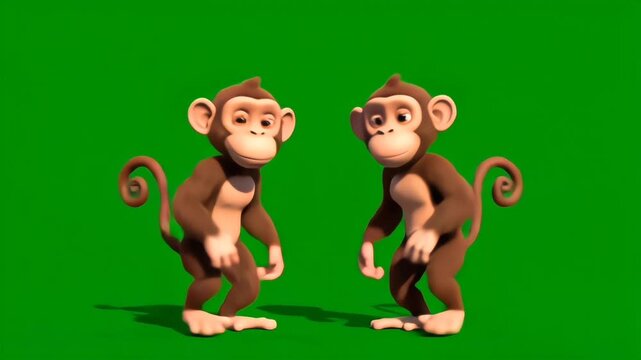 monkeys dancing and spinning energetically on clean green screen, featuring playful synchronized movement