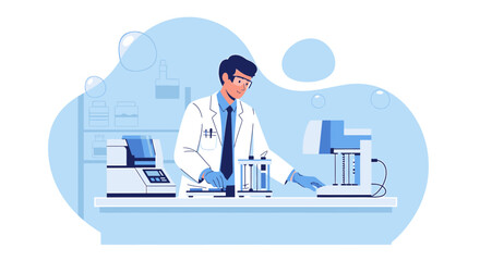 Fototapeta premium Scientist in Lab Coat Working with Medical Equipment and Test Tubes in Modern Laboratory