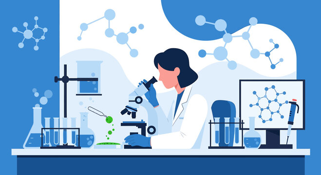 Scientist working in laboratory with microscope, test tubes, and molecular structures