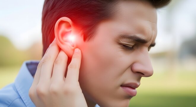 Inner ear pain and tinnitus symptoms. Audiology and medical hearing health. Close up of a man with a painful expression holding his ear with a bright red glowing spot inside the canal