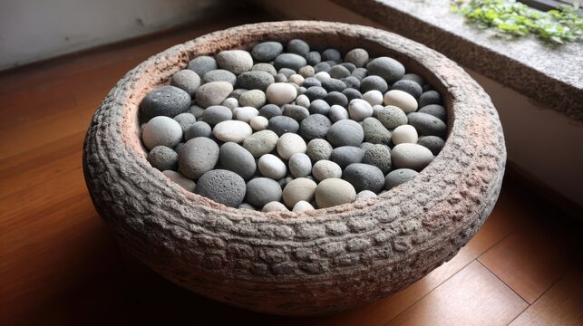 Intricate Pattern of Small Smooth Pebbles Artfully Arranged in a Rustic Terracotta Pot