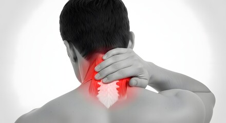 Trapezius muscle tension and neck strain symptoms. Ergonomic health and massage therapy. Man holding his neck in pain with a glowing red anatomical vertebrae and muscle overlay
