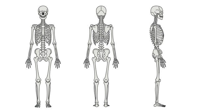 Three complete grey human skeletons are presented in front, back, and side profile views to provide a comprehensive anatomical study of the body frame.