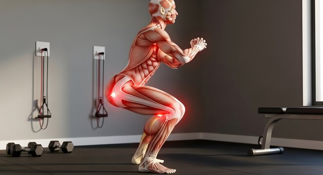 Muscle activation and lower body exercise form. Fitness training and joint health. 3D anatomical model of a person performing a squat in a gym with glowing glute and knee muscle groups