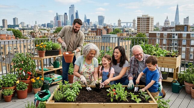 Multi Generational Family Planting Rooftop Garden Together